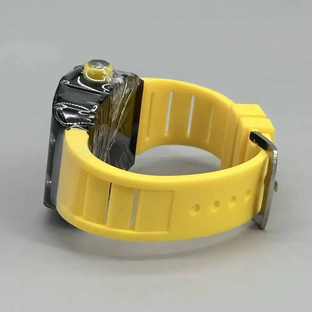 Mens Black Tonneau Watch Yellow Silicone Strap Quartz Sport Fashion Yellow Accen